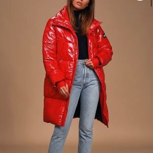 Lulus red long vinyl puffer jacket